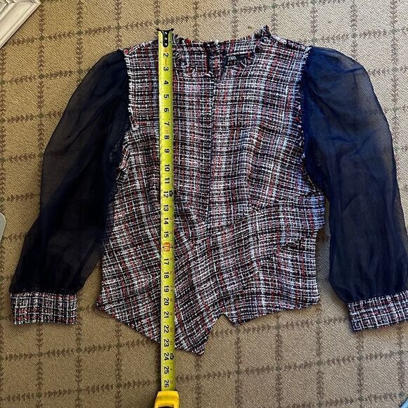 Zara Blue and Red Tweed Organza Top w Blue sheer Puff Long Sleeve M - Picture 9 of 14